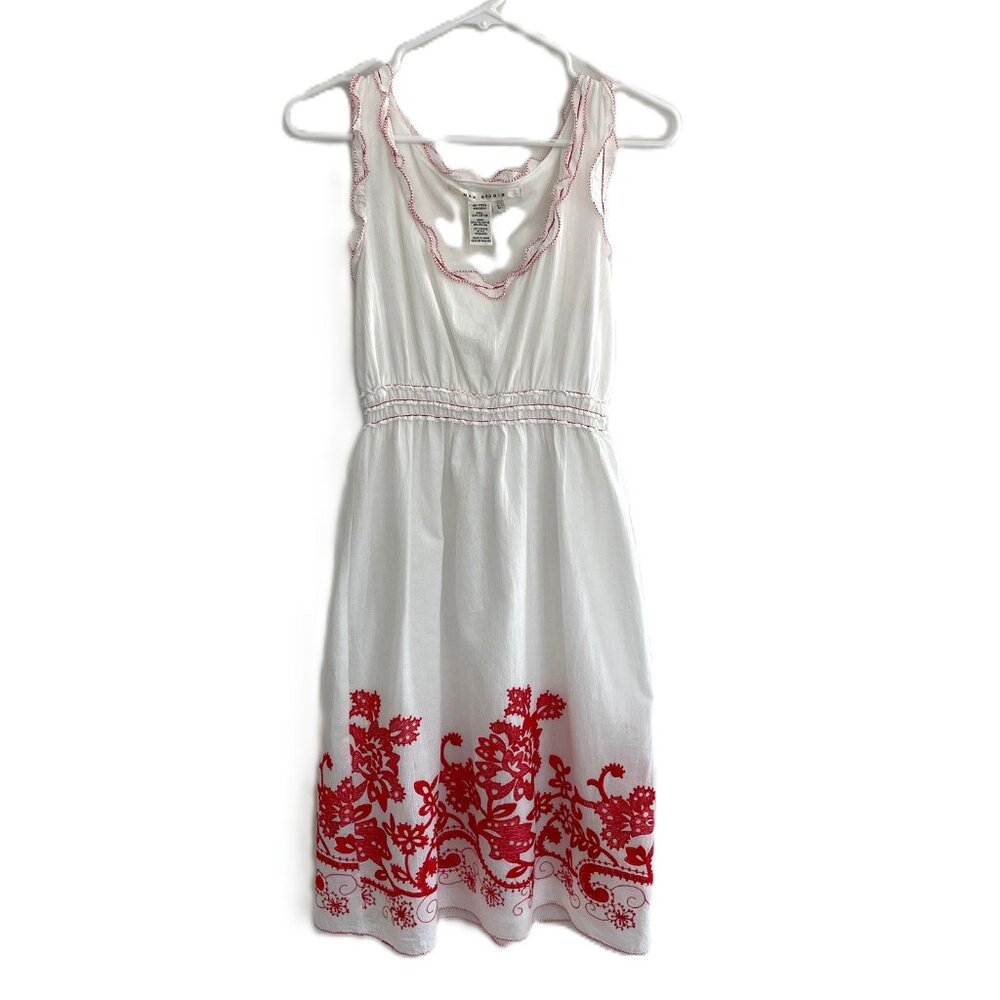 Max Studio Sleeveless Fully Lined White Dress with Red Embroidery